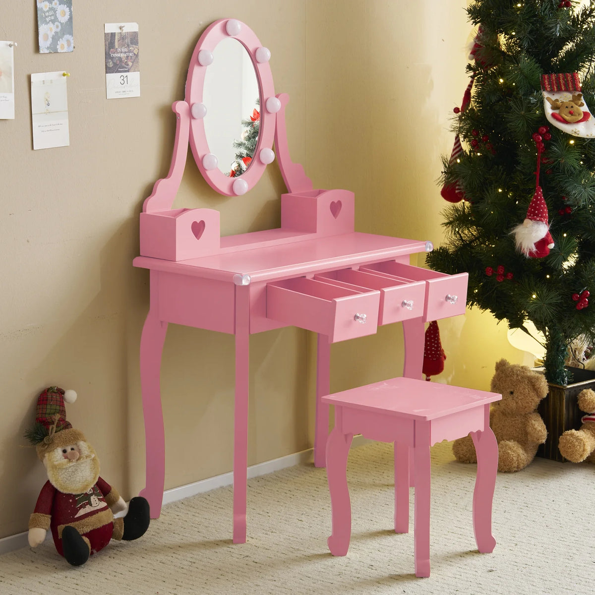 Zimtown Kids' Vanity Set with 3-Color LED Lighted Mirror Makeup Table with Matching Stool, Purple