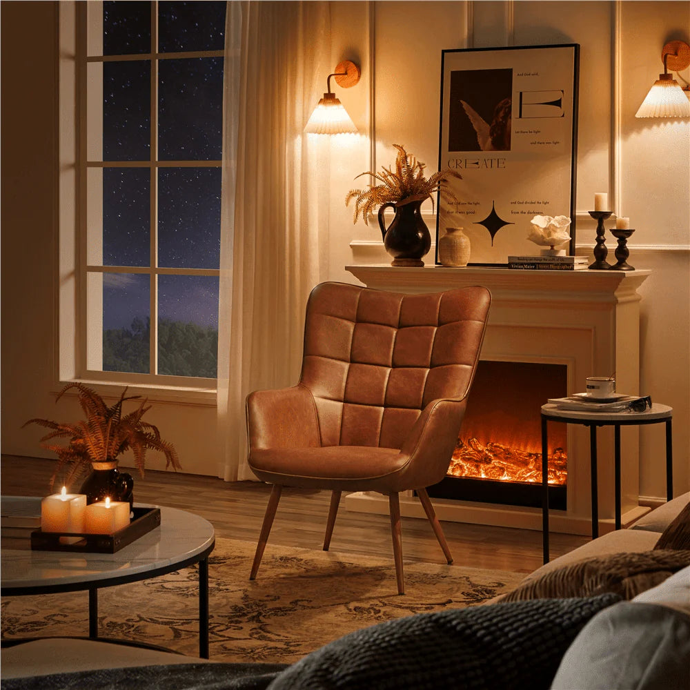 Topeakmart Faux Leather Wingback Accent Chair for Living Room, Brown