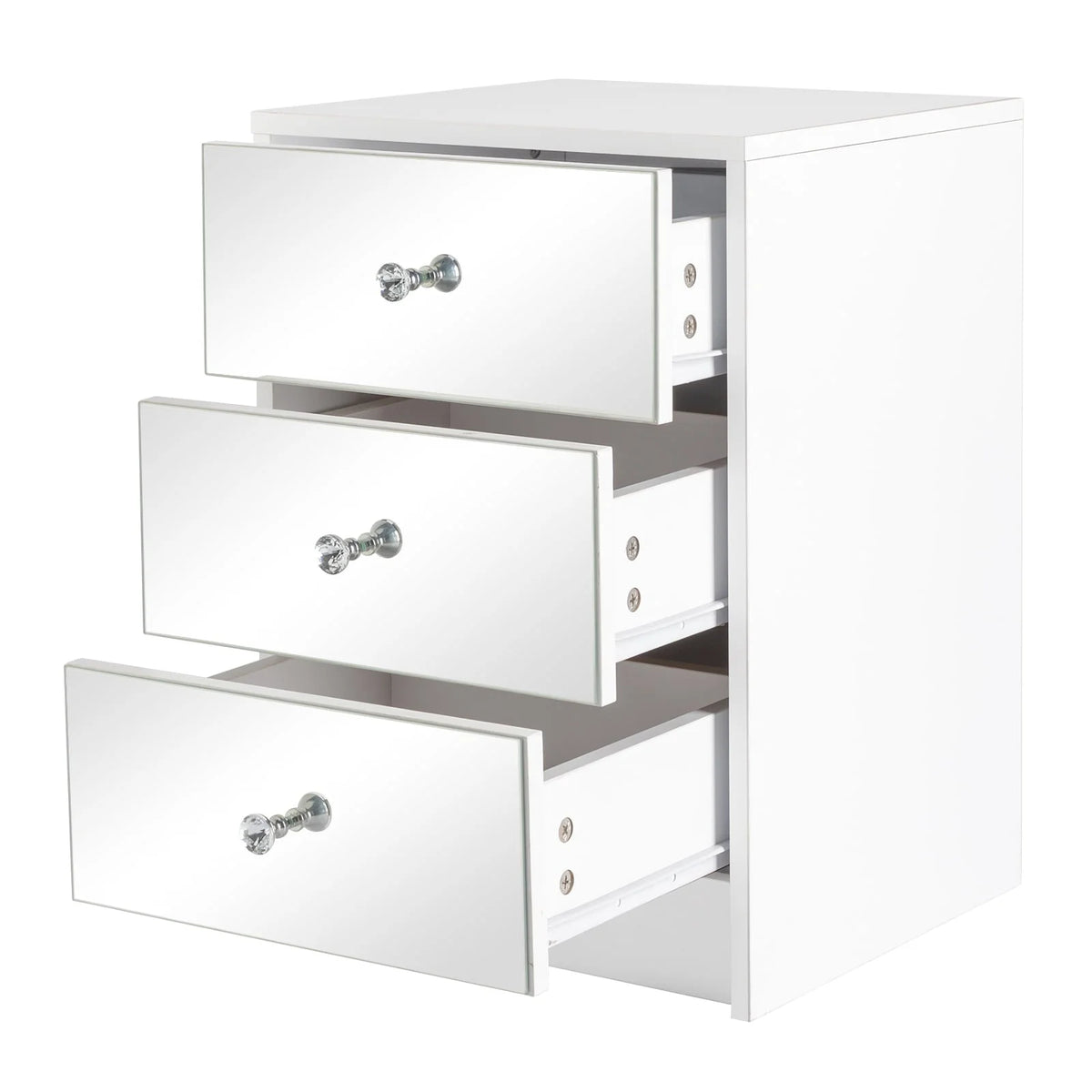 Ktaxon Mirrored Nightstand, End Table with 3-Drawer and Crystal Style Knobs, Modern Bedside Table for Bedroom, Living Room,White