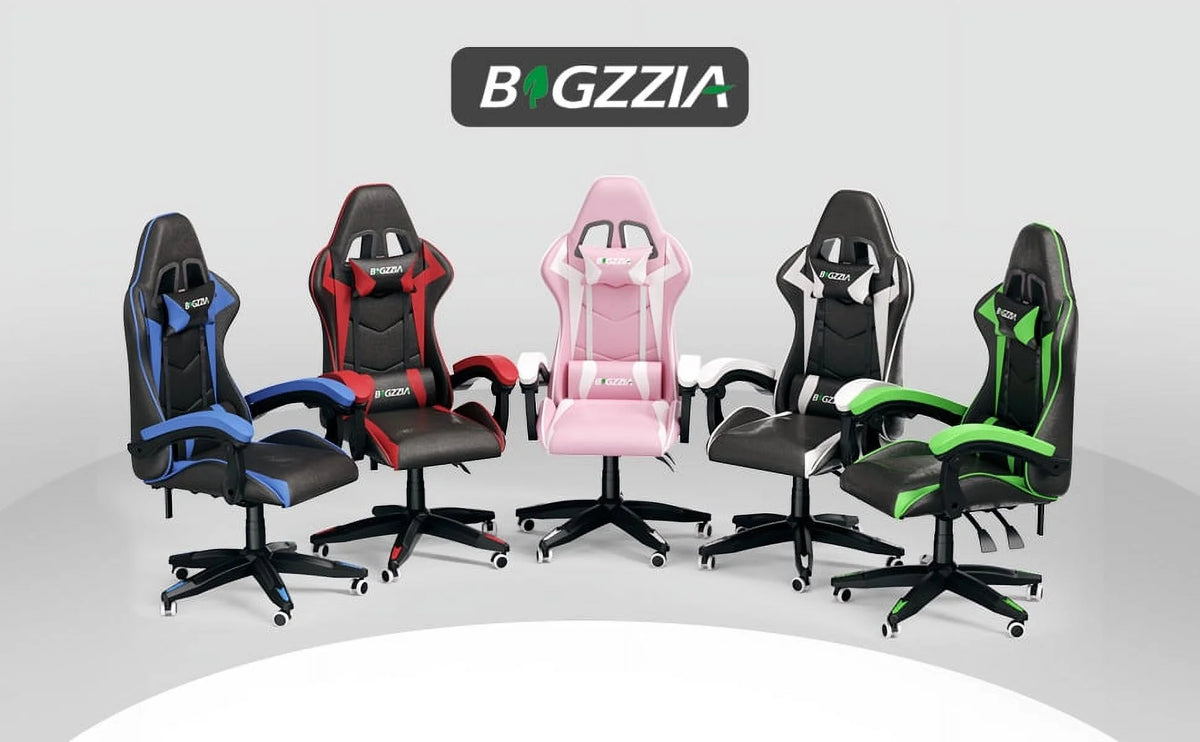 Bigzzia Gaming Chair Pu Leather Office Chair with Ergonomic Lumbar Pillow, Reclining Racing Game Chair Backrest and Seat Height Adjustable Swivel Recliner,Esports Chair with Headrest,Blue