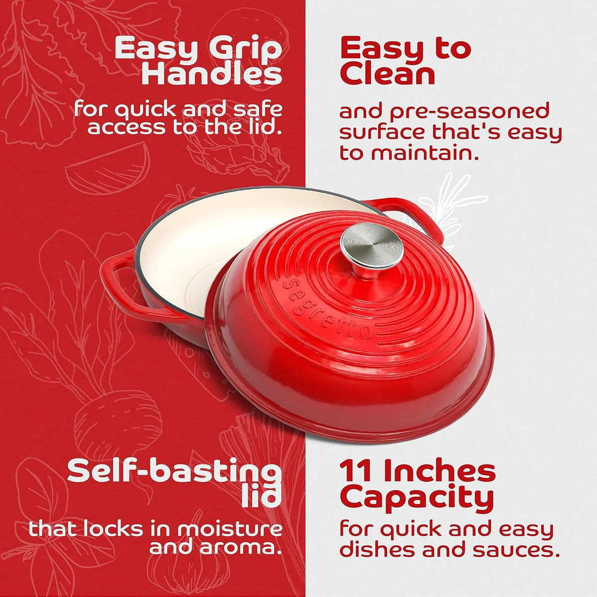 Segretto Cookware 11" Enameled Cast Iron Dutch Oven for Bread, Bread Maker Pan with Lid, Red