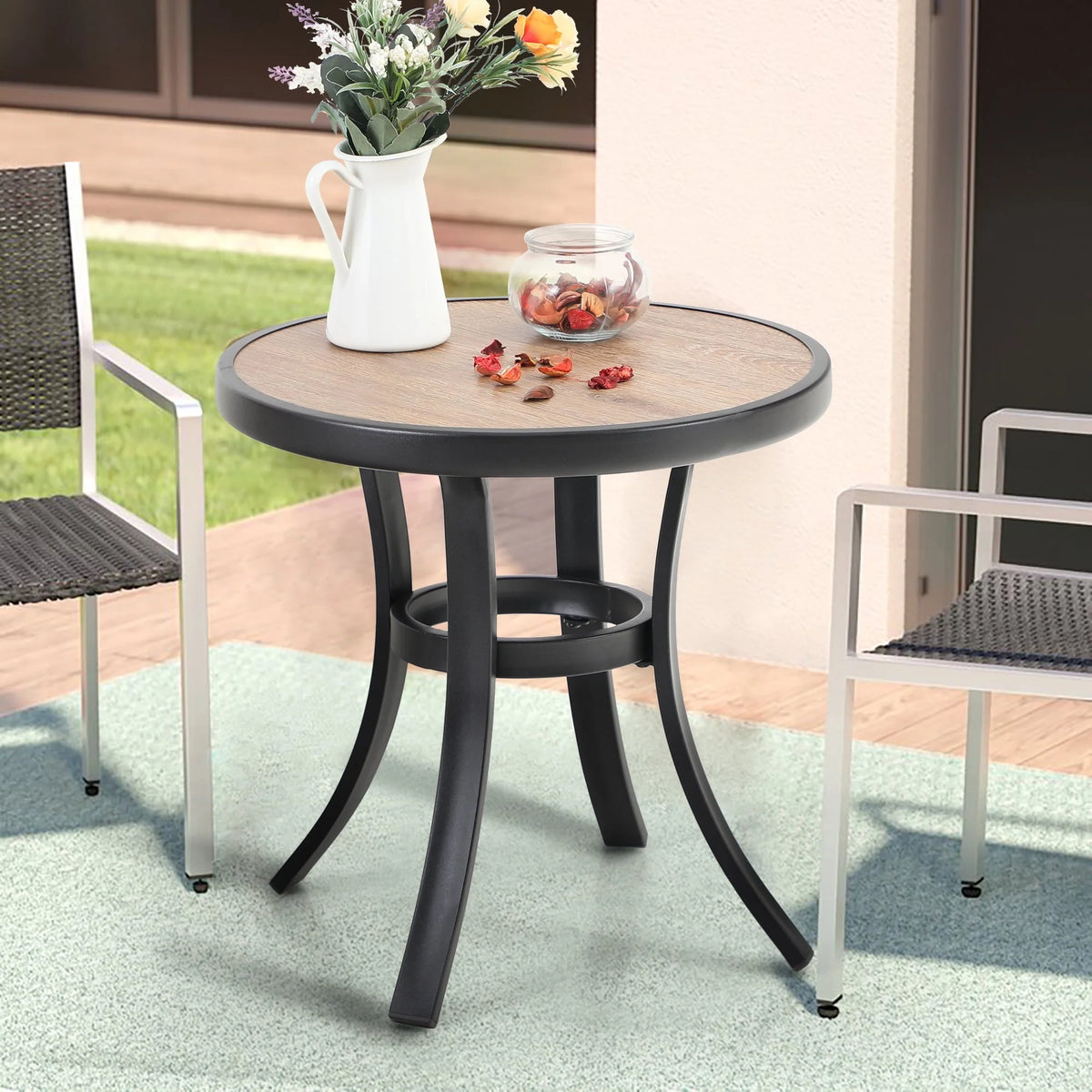 MF Studio Outdoor Side Table Round Metal End Table with PVC Table Top, Black