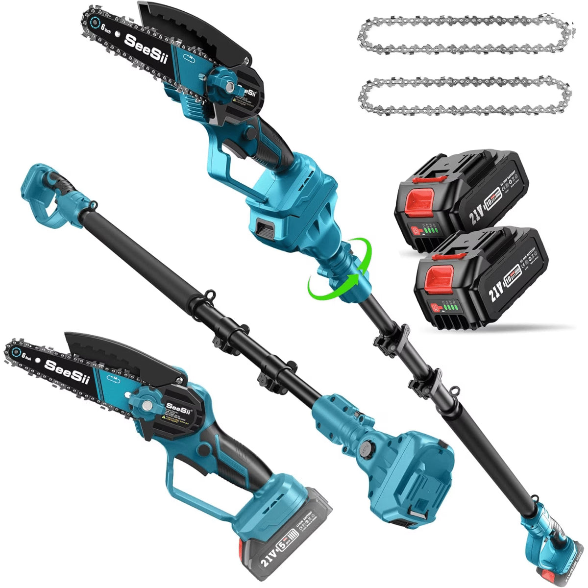 Seesii 2-in-1 Cordless Pole Saw, 6 Inch Brushless Pole Chainsaws Mini Handheld Chainsaw with 2x 4.0Ah 21V Batteries, 2x Chains, Auto Oiler, 16FT MAX Extension Pole for Tree Trimming