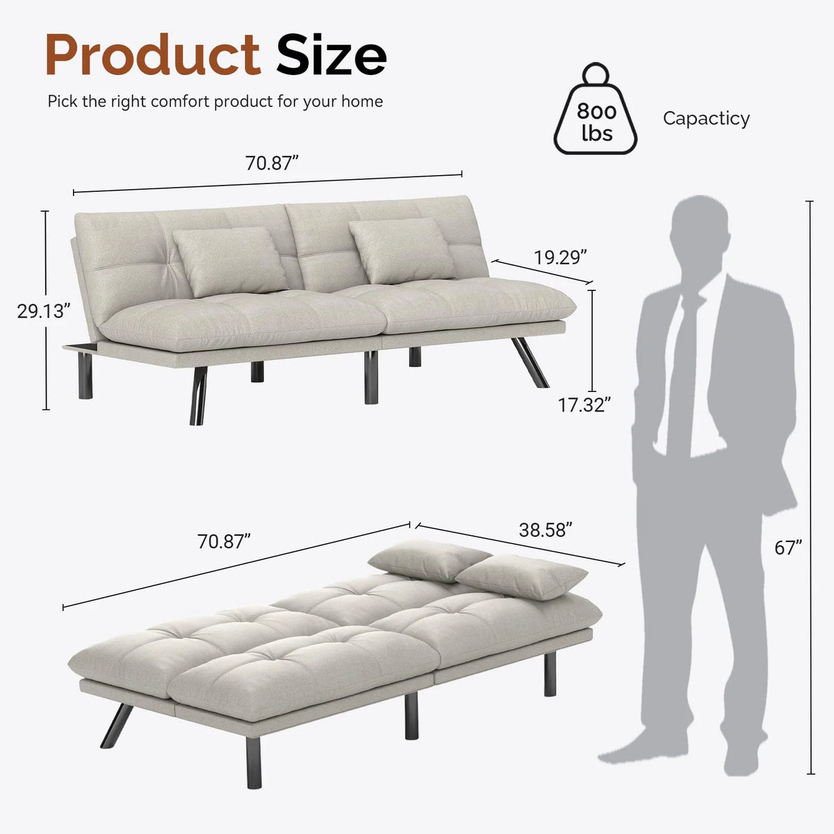 70���� Convertible Futon Sofa Bed Folding Bed Sleeper Couch for Living Room, Small Space or Office, Light Grey