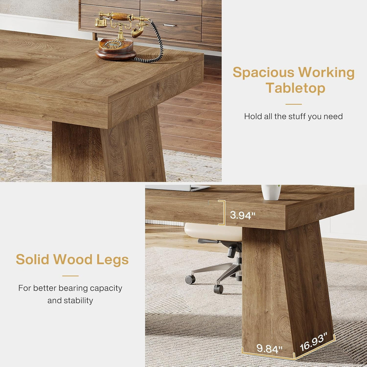 Tribesigns 55 Inches Executive Desk, Mid-Century Modern Home Office Desk with Double Trapezoid Base