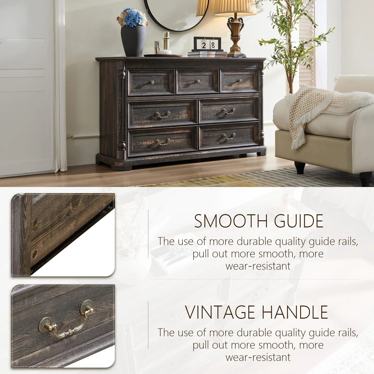 Brafabhome Rattan 6 Drawers Dresser for Bedroom, Vintage Boho Double Dresser Wicker Chest with Wooden Legs for Living Room Hallway| Mint