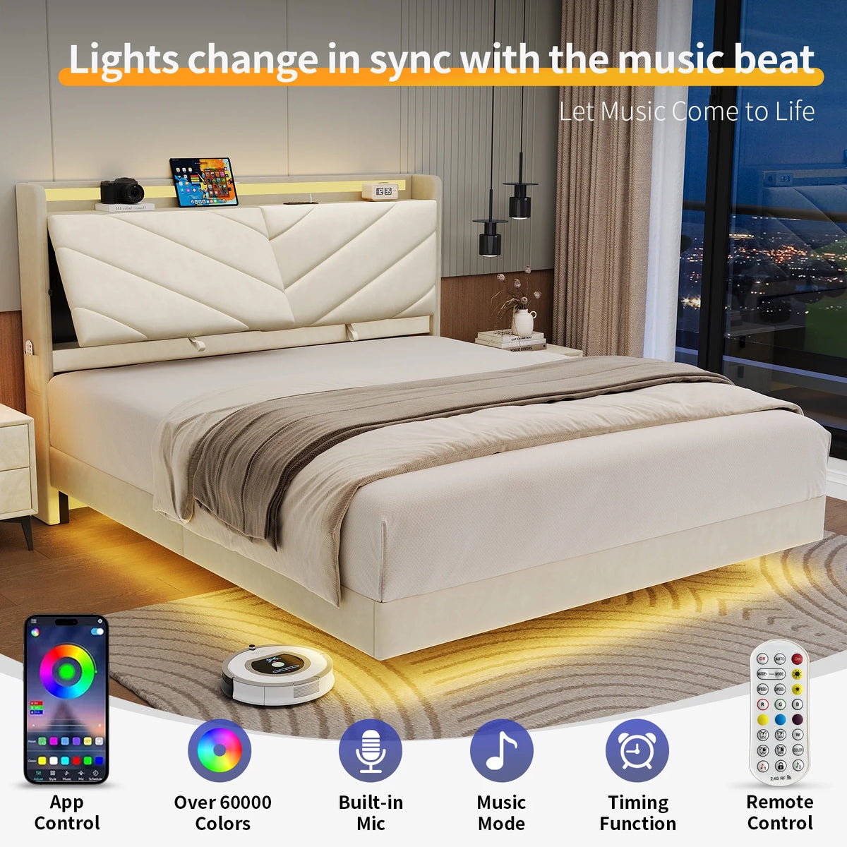 Cocosity Floating LED Upholstered Platform Queen Size Bed Frame with Ergonomic & Adjustable Storage Headboard, White