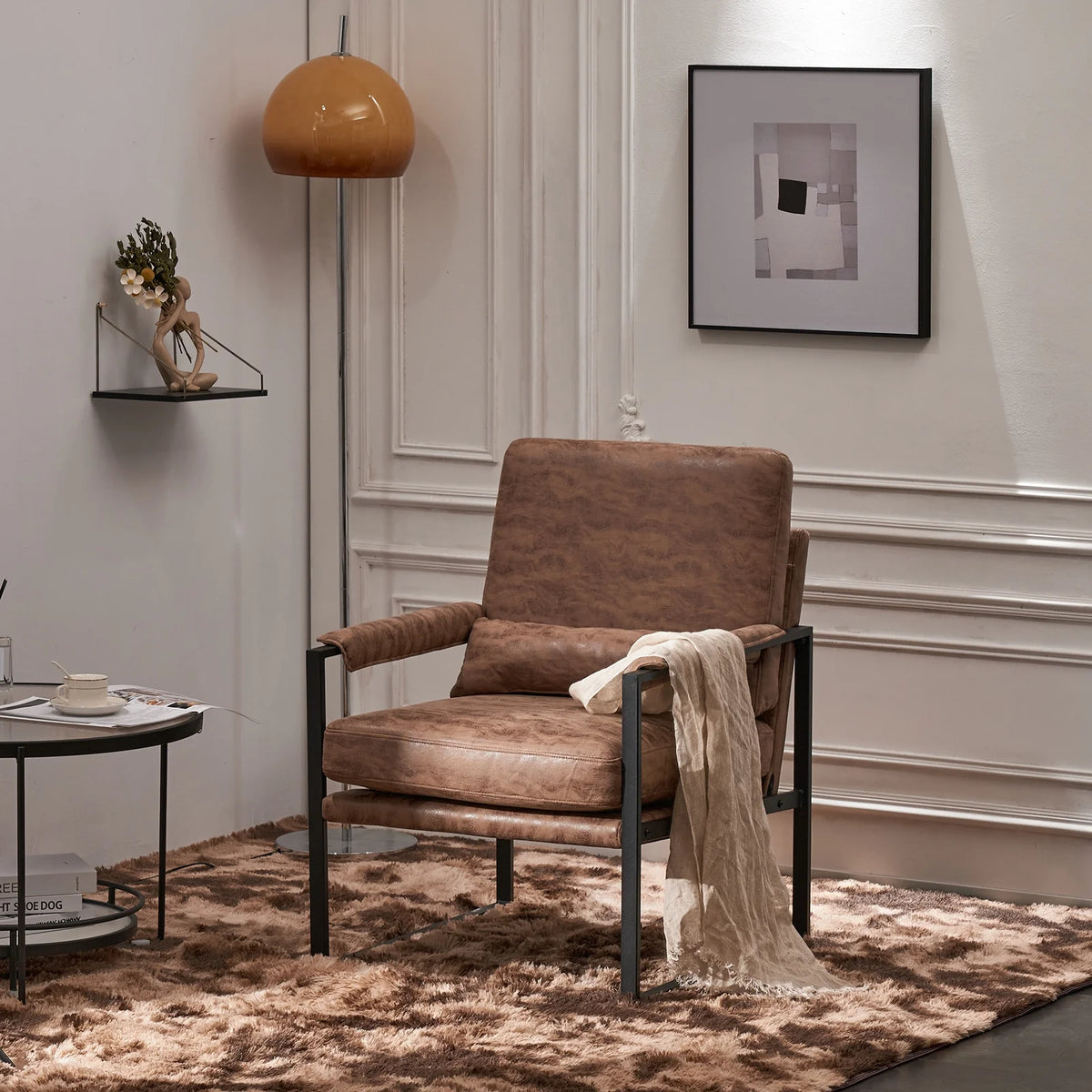 Ktaxon Accent Chair Lounge Armchair Modern Linen Fabric Upholstered Single Sofa with Black Coated Metal Frame Creamy White and Brown