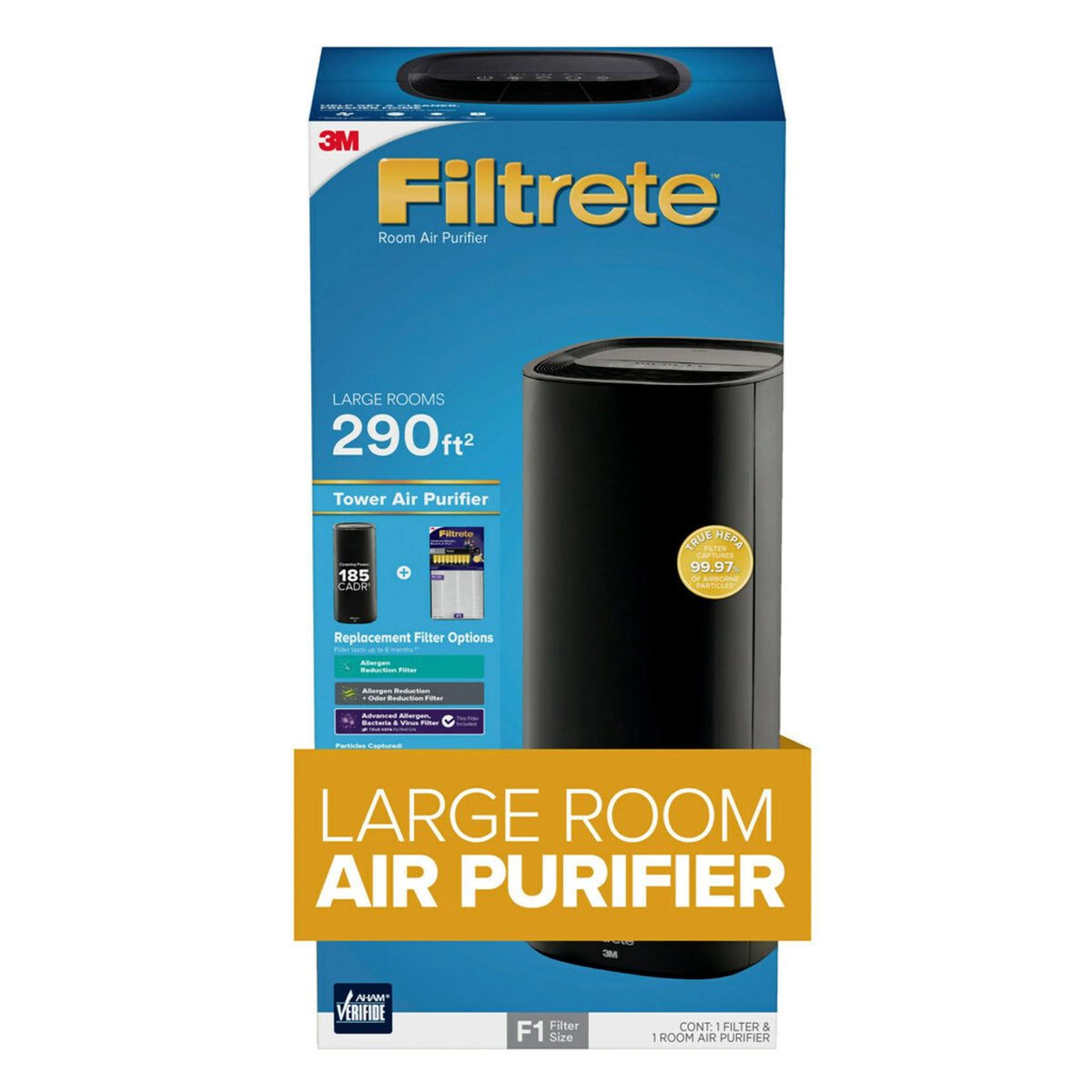 Filtrete by 3M Air Purifier, Large Room Tower, 290 Sq gt Coverage, Black, TRUE HEPA Filter Included