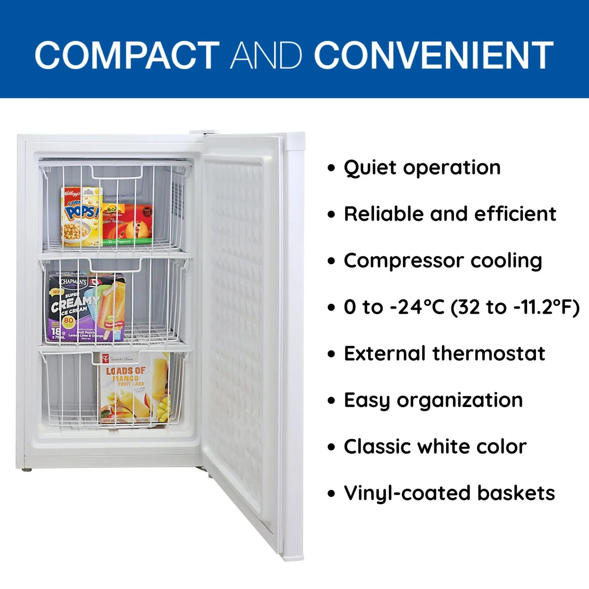 Koolatron 3.1 cu ft Upright Freezer, 88L Mini Freezer, White, Manual Defrost, Compact Design