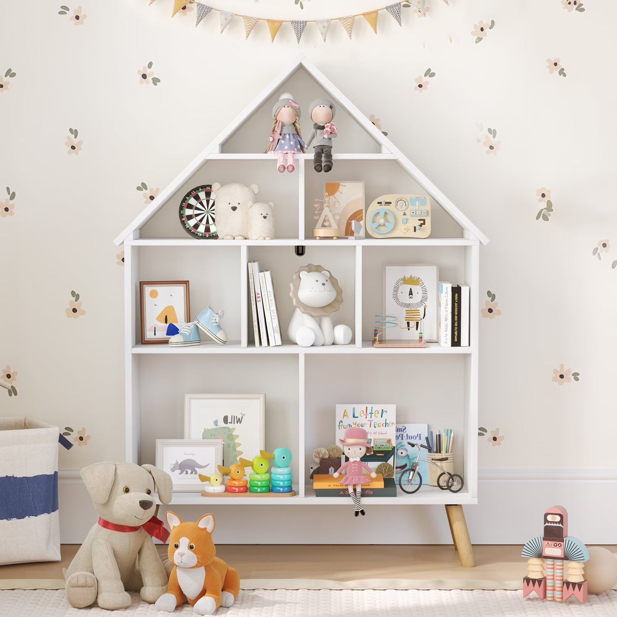 Curipeer 2-Tier Kids Bookshelf, Toy Storage Organizer with Motion-Activated Light, White
