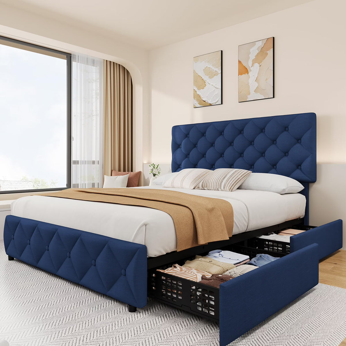 TROPOW Full Size Bed Frame,with 4 Storage Drawers and Adjustable Headboard, Linen Upholstered Platform Bed Frame, Diamond Stitched Button Tufted, No Box Spring Needed,White