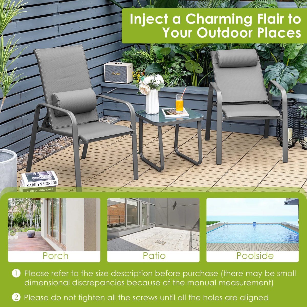 Costway 3PCS Patio Bistro Furniture Set Adjustable Back Stackable Chairs Black