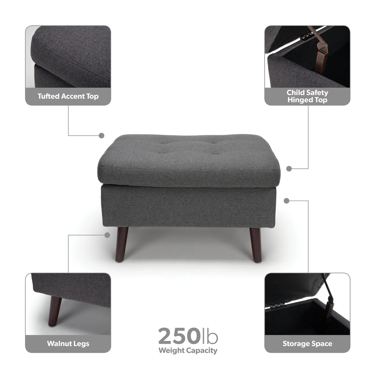 OFM Mid Century Modern Tufted Fabric Storage Ottoman, Walnut Legs, in Beige