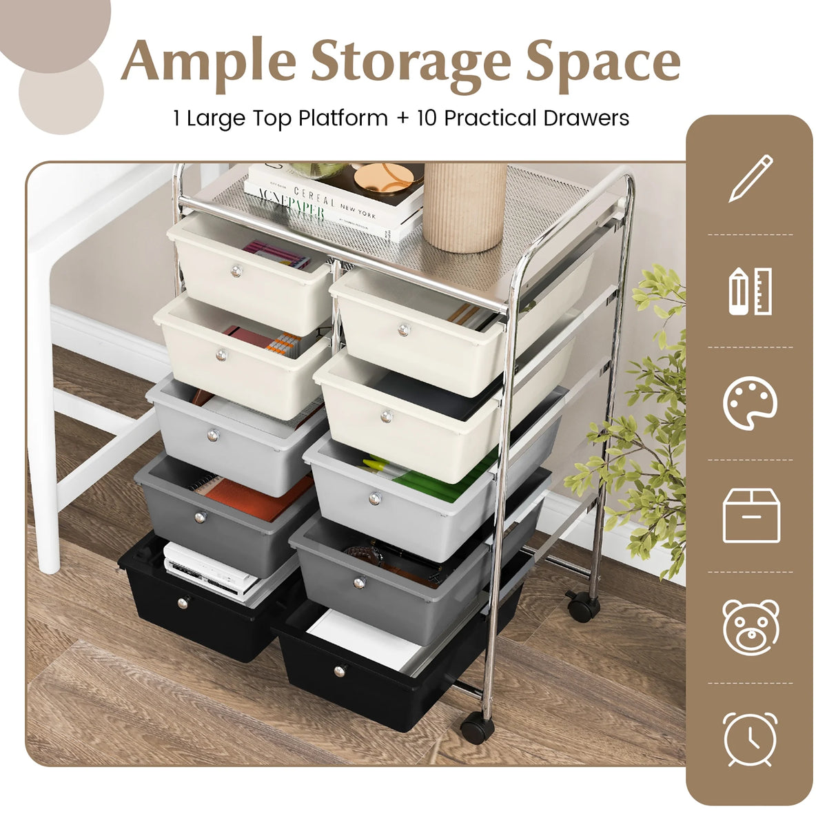 Gymax 10-Drawer Rolling Storage Cart Tools Scrapbook Paper Organizer on Wheels Black Gradient