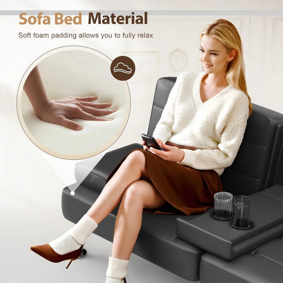 Furmax Futon Sofa Bed Convertible Folding Faux Leather Couch with 2 Cup Holders,Black