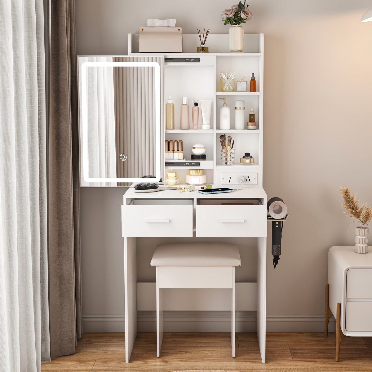 Aukfa Makeup Vanity Set with Power Outlet, Mirror & Adjustable LED Lights for Small Bedroom,White