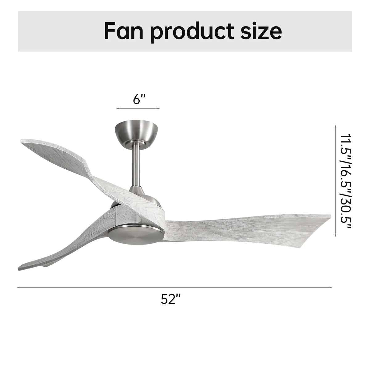 Sofucor 52" Wood Ceiling Fan No Light, 6 Wind Speeds, 3 Blades with Reverse Airflow, Black