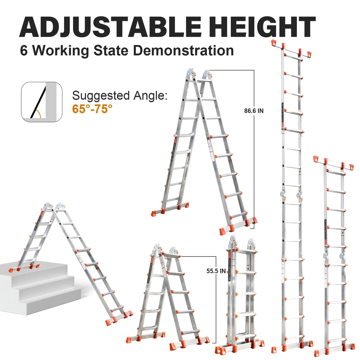HBTower Ladder, A Frame 4 Step Extension Ladder, 14 Ft Multi Position Ladder with Removable Tool Tray and Stabilizer Bar, 330 lbs Capacity Telescoping Ladder for Household and Outdoor Work