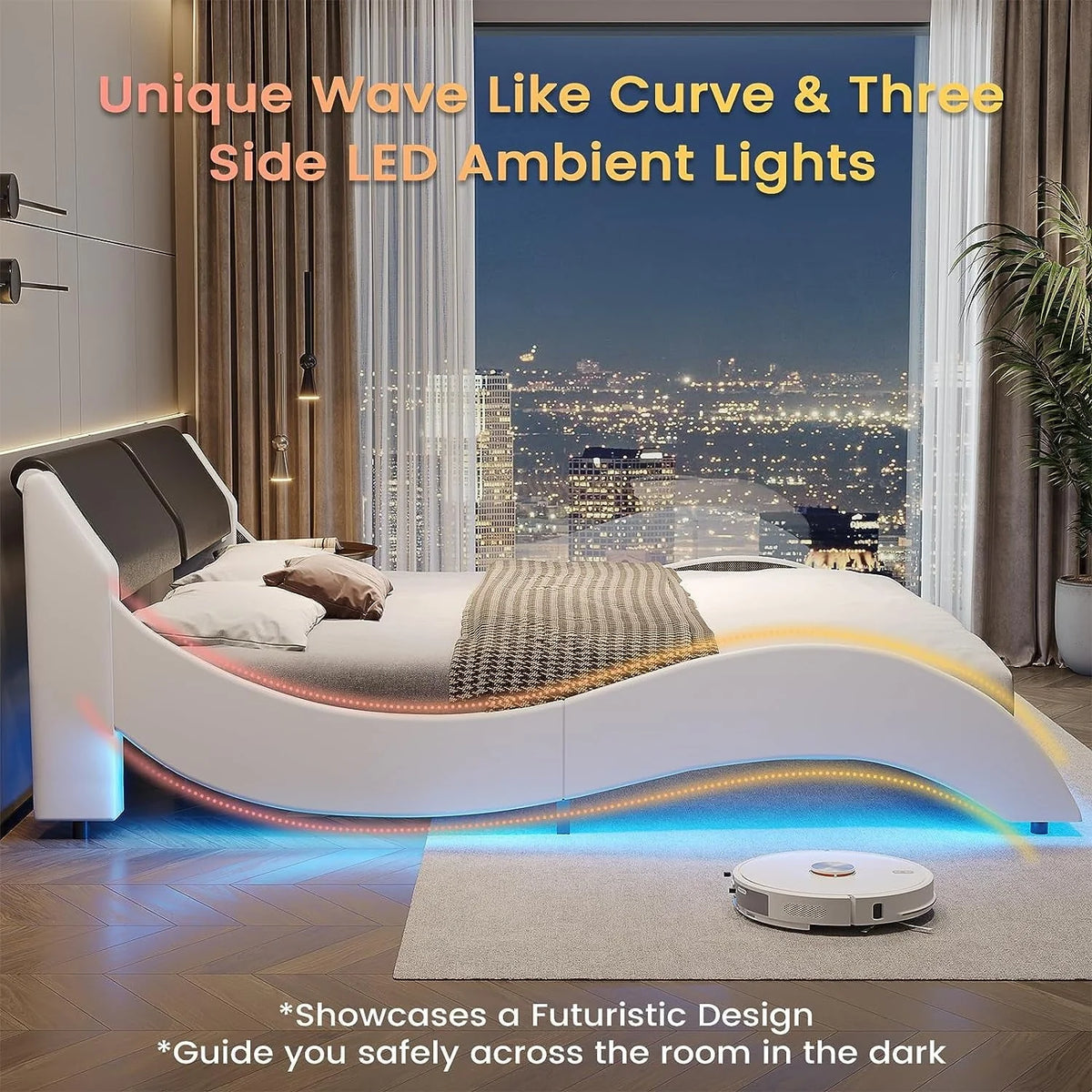 Queen Size Bed Frame with LED Lights,Modern Platform Bed Frame with Upholstered Headboard,Faux Leather Wave Like Low Profile Bed Frame,No Box Spring Needed,Black