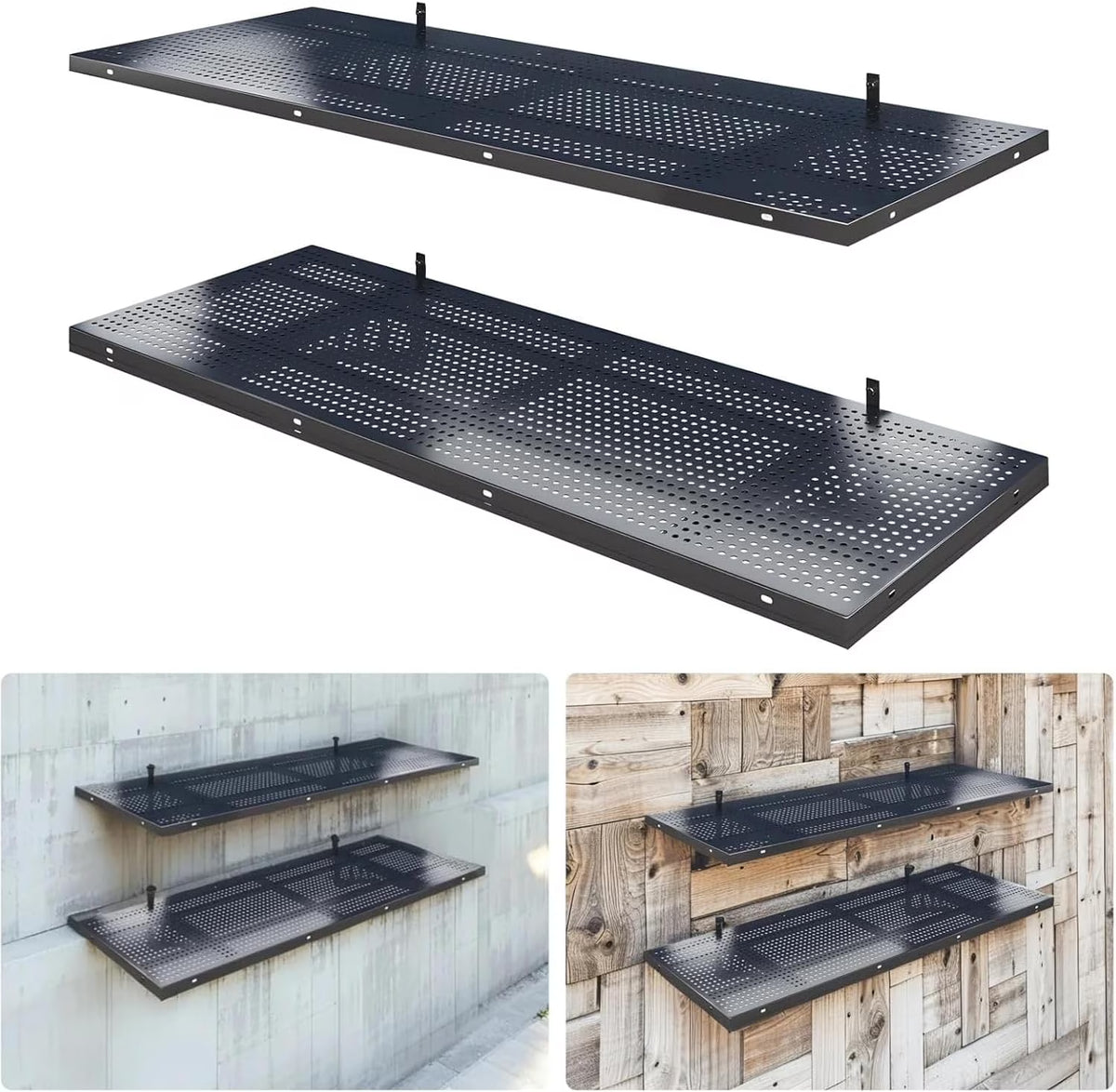 2-Pack Heavy Duty Adjustable Garage Wall Shelving, 520 lbs Load Capacity, 1.64x4ft Garage Shelving Wall Mounted, Floating Storage Rack with Hooks