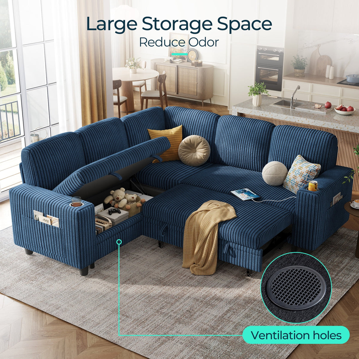 Linsy Home Plush Corduroy Sleeper Sofa Bed with Reversible Storage Chaise, Pull Out Couch Bed with USB, Cup Holder, Side Pocket, L Shaped Sectional Couches for Living Room, Apartment, Dark Grey