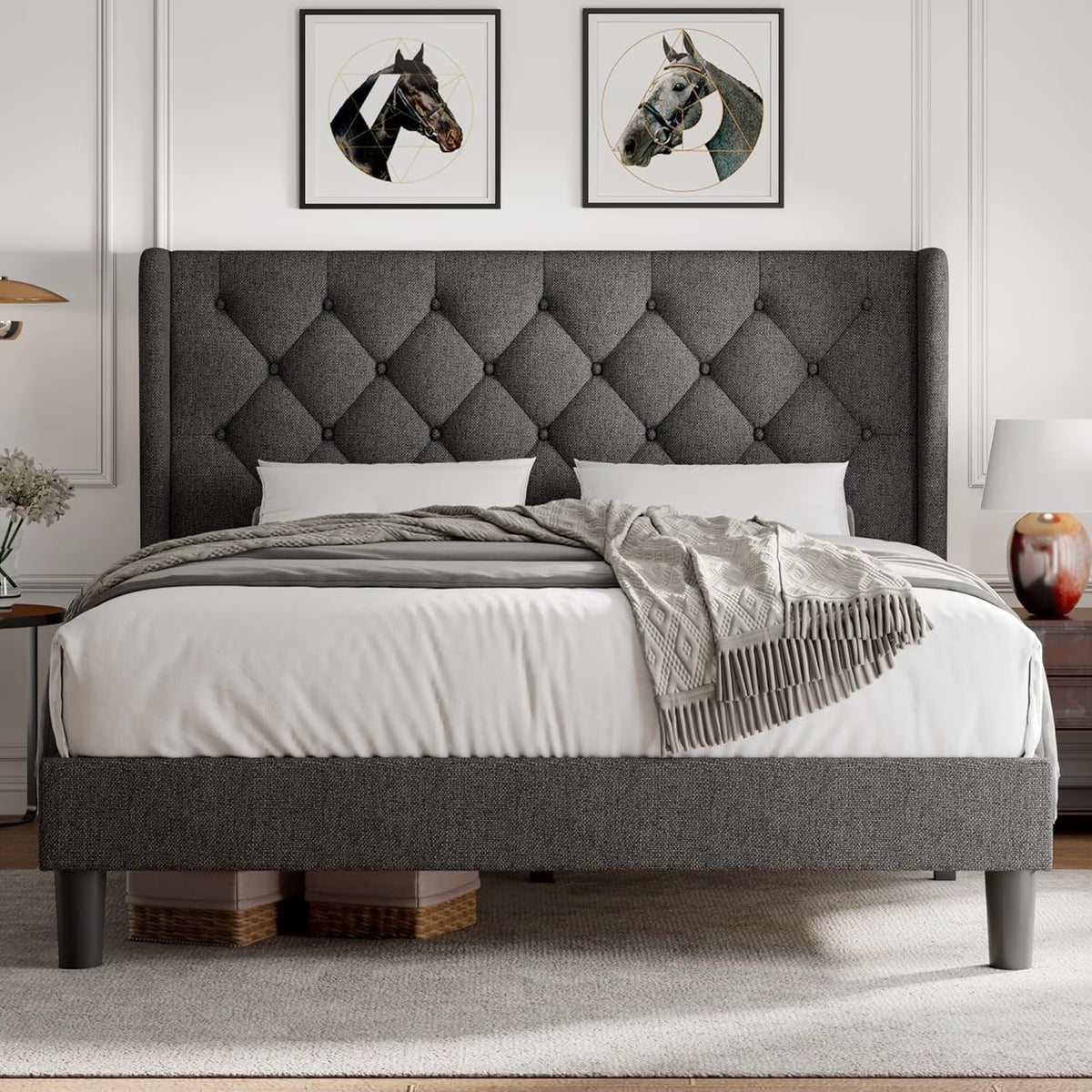 iPormis Full Size Bed Frame with Diamond Button Tufted Wingback Headboard, Upholstered Platform Bed Frame with Strong Wood Slat Support, Light Gray