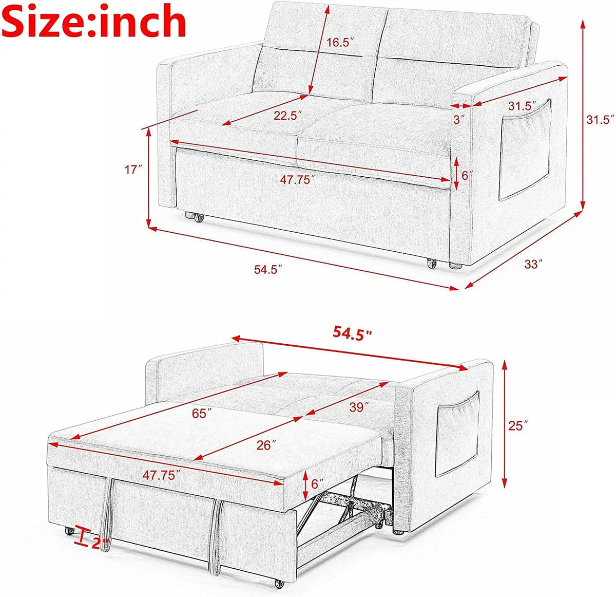 54.5" Pull Out Sofa Sleeper Couch, 3-in-1 Convertible Sleeper Sofa Bed for Living Room Apartment, Breathable Chenille Adjustable Sleeper Loveseat with Pull Out Bed and Side Pockets, Gray