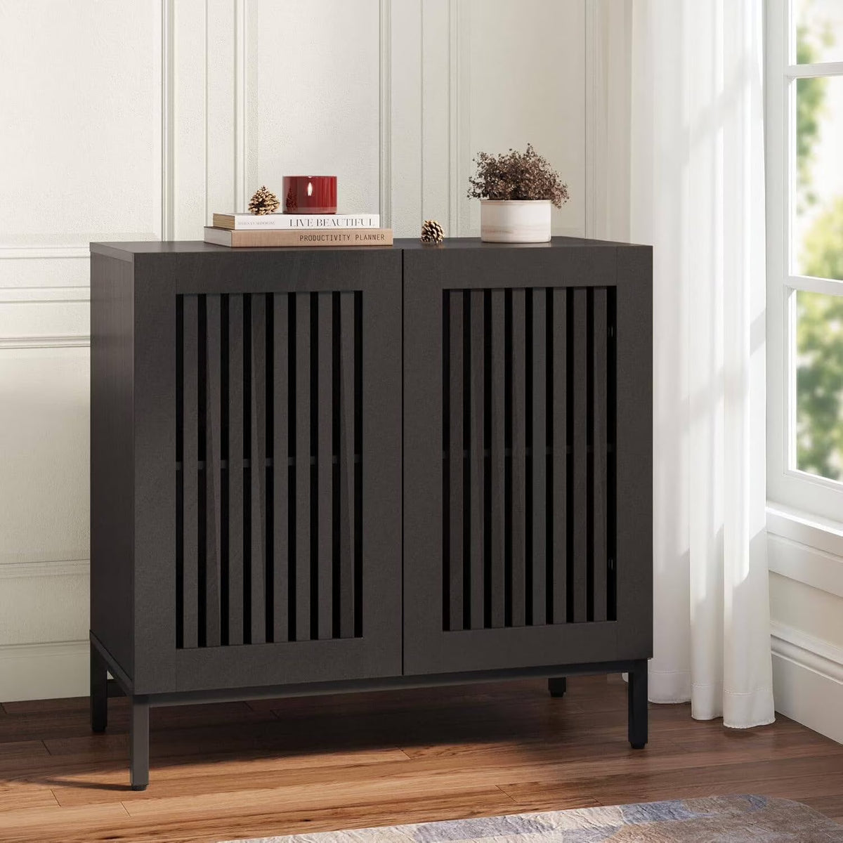 JOMEED Buffet Sideboard Cabinet with Louvered Doors & Adjustable Shelf, Wood Storage Cabinet for Kitchen, Dining Room, Living Room, Entryway Walnut