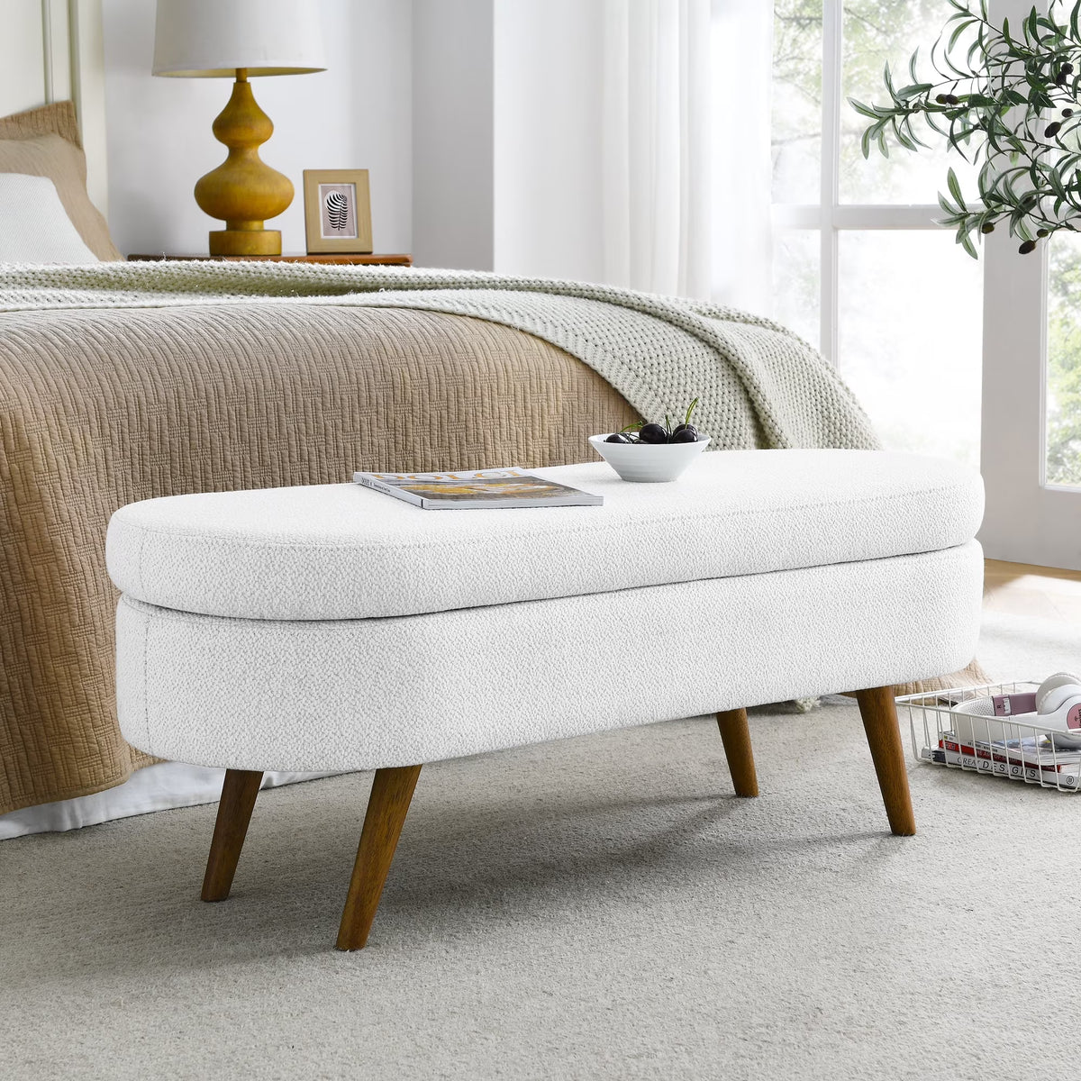 Furniliving Modern Upholstered Button Tufted Storage Ottoman Entryway Bench, Ivory