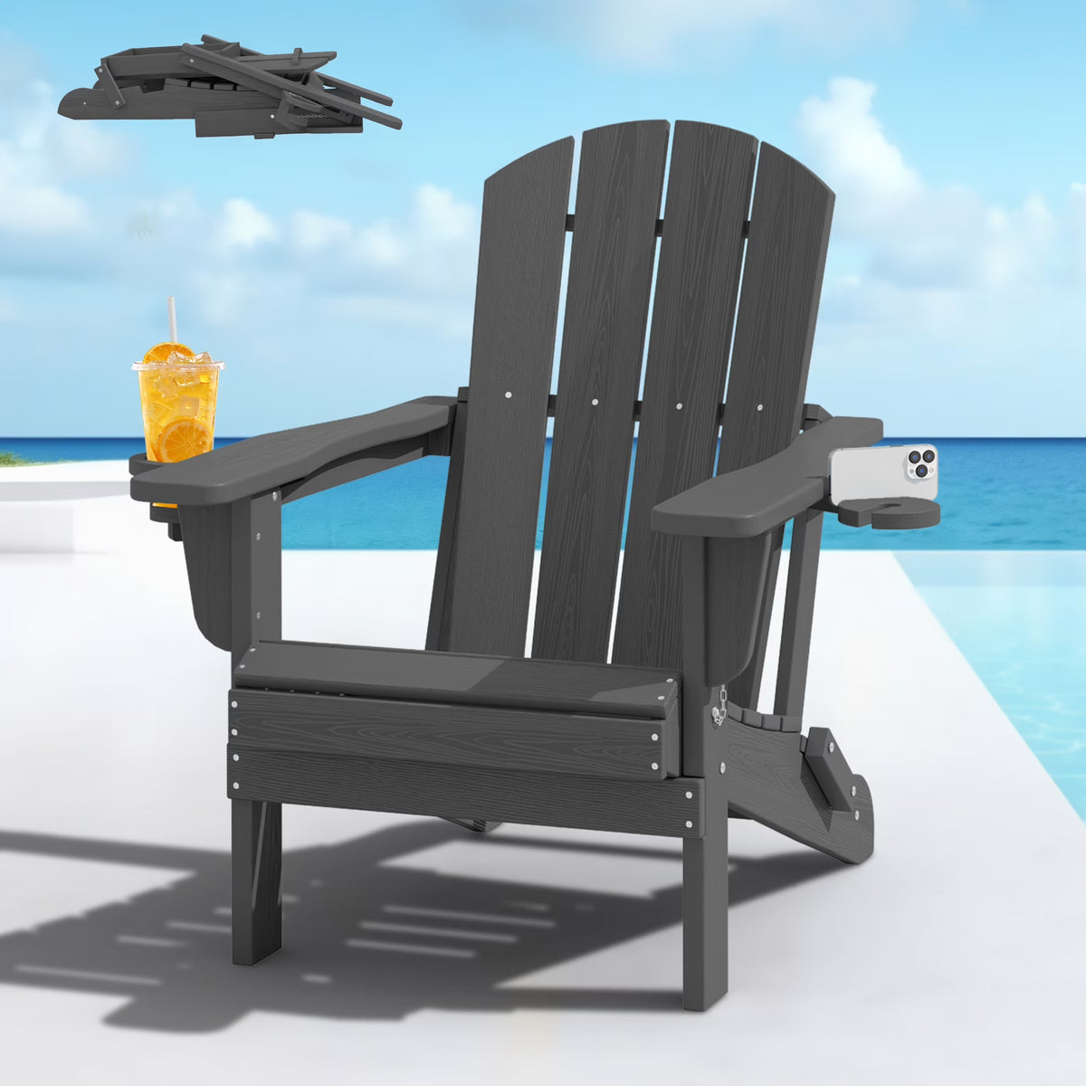 SERWALL Folding Adirondack Chair Set with Dual Cup Holders & Phone Holder, All-Weather HDPE Fire Pit Chairs for Outdoor, Patio, Poolside, Garden - Black