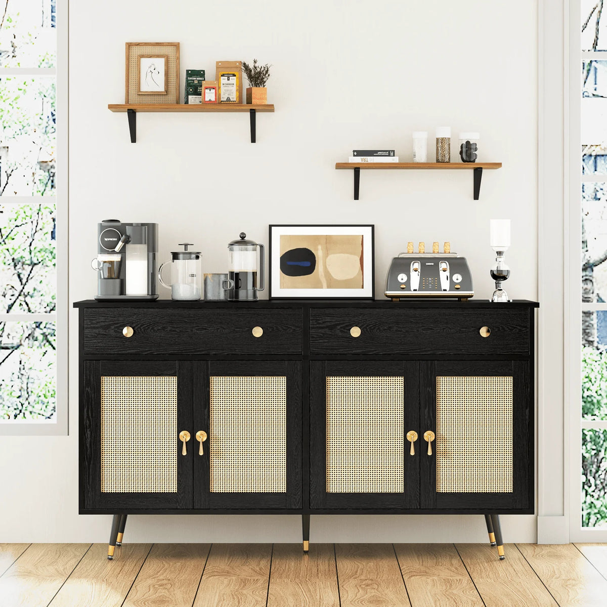 Catrimown Sideboard Buffet Cabinet, 2 Drawer and 4 Rattan Door Sideboard Storage Cabinet, Black
