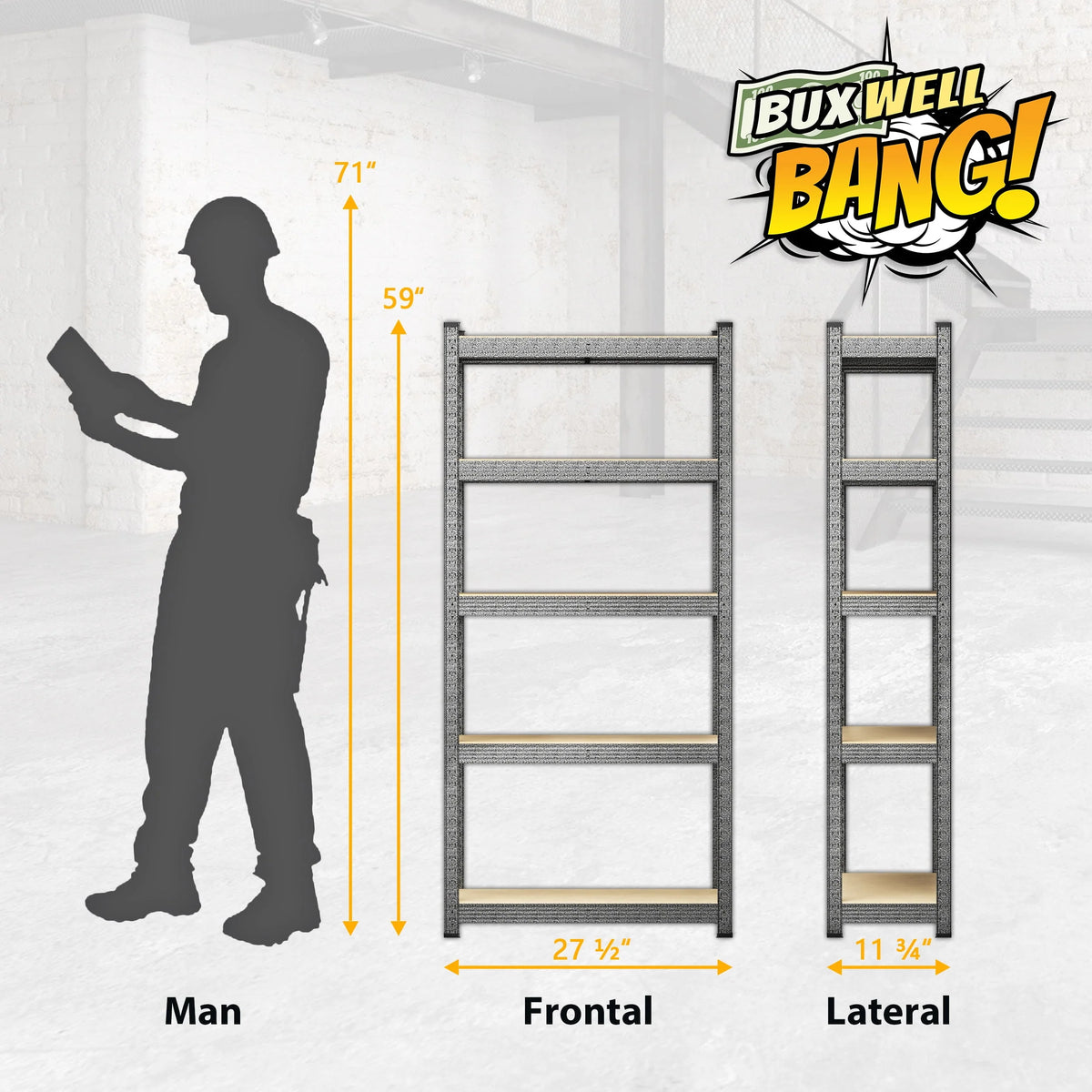 BuxWellBang 5-Shelf Heavy Duty Shelving - Adjustable Garage Storage Shelves