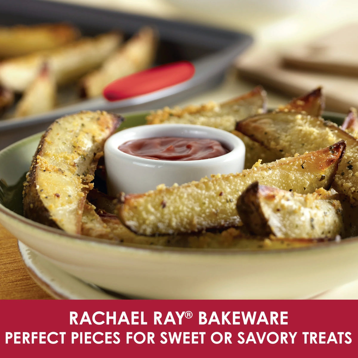 Rachael Ray Yumo Nonstick Oven Lovin Bakeware Set, Gray with Red Handles. 5 Piece Set