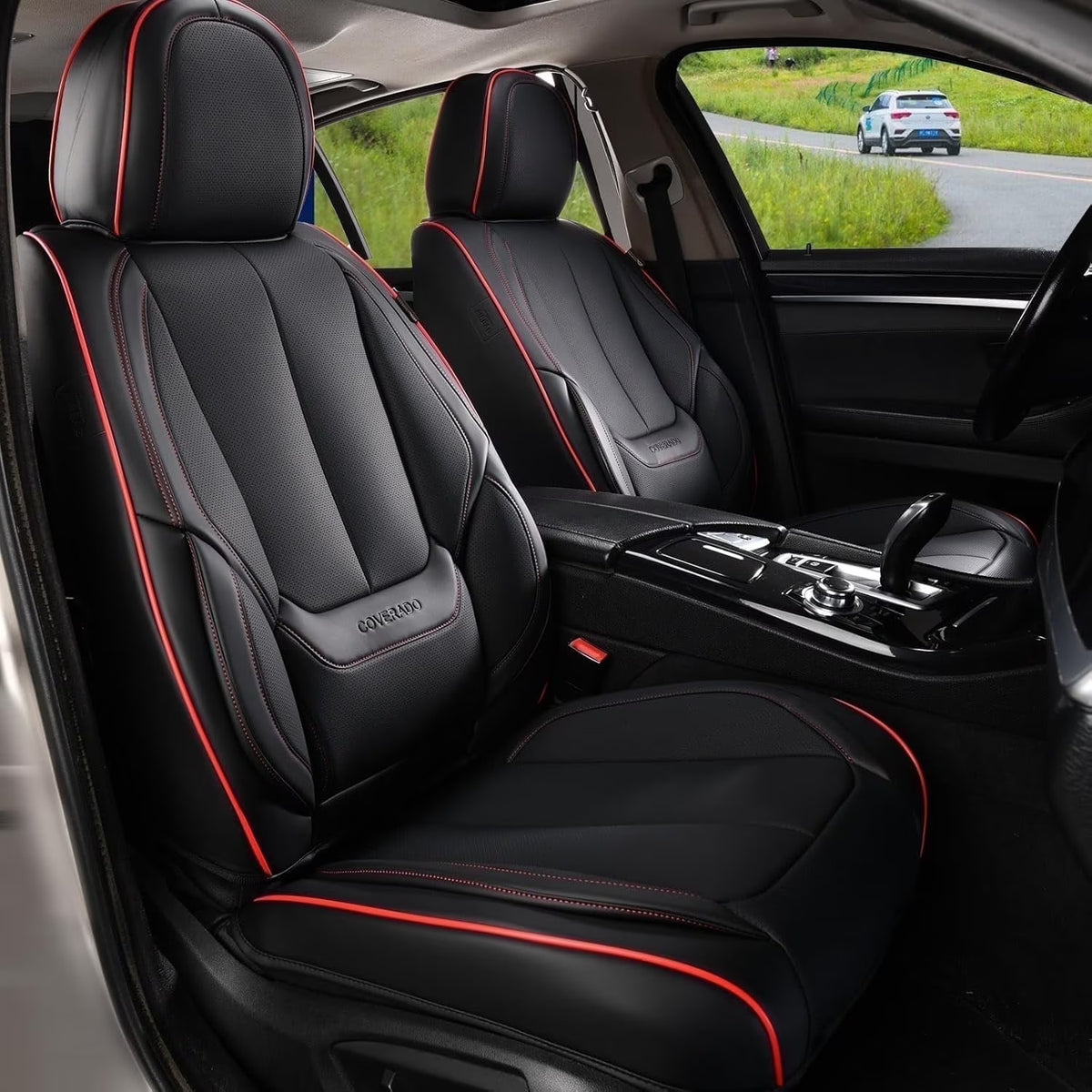 Coverado Black Front Car Seat Covers, Stylish Waterproof Premium Leather Automotive Seat Protectors, Airbag Compatible Auto Interior Accessories Universal Fit for Most Cars SUV Pick-up Trucks