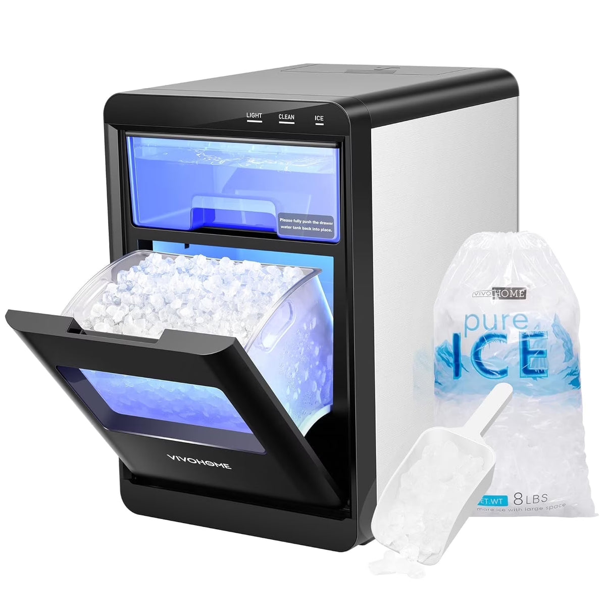 SPECSTAR Nugget Ice Maker Countertop, 45lbs/Day Pebble Ice Maker Machine, Soft Chewable Pellet Ice Machine with Self-Cleaning, Scoop, 10 Ice Bags, for Home Kitchen, RV, Camping, Office