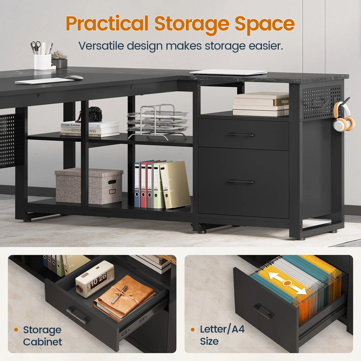 71" Executive Desk with Power Outlets, Modern L Shaped Office Desk with File Drawers and Pegboard, Large Computer Desk, Rustic Brown