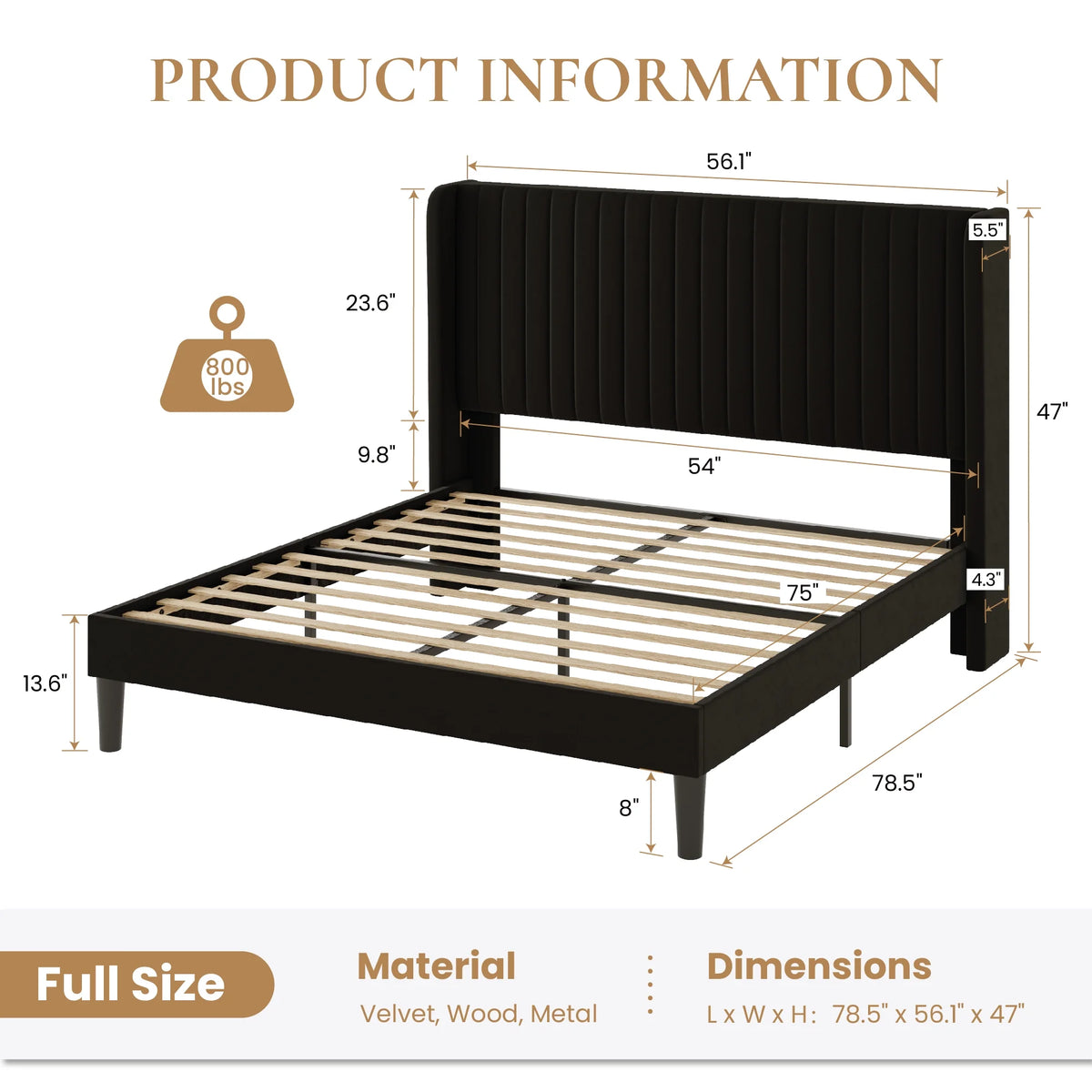 Sha Cerlin Queen Size Upholstered Platform Bed Frame with Velvet Channel Wingback Headboard, Off White