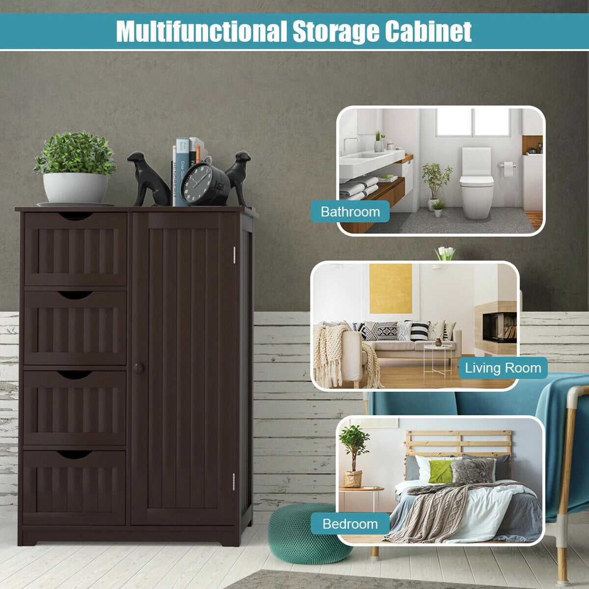 Gymax Bathroom Floor Cabinet Storage Organizer Cupboard w/ 4 Drawers Adjustable Shelf Grey