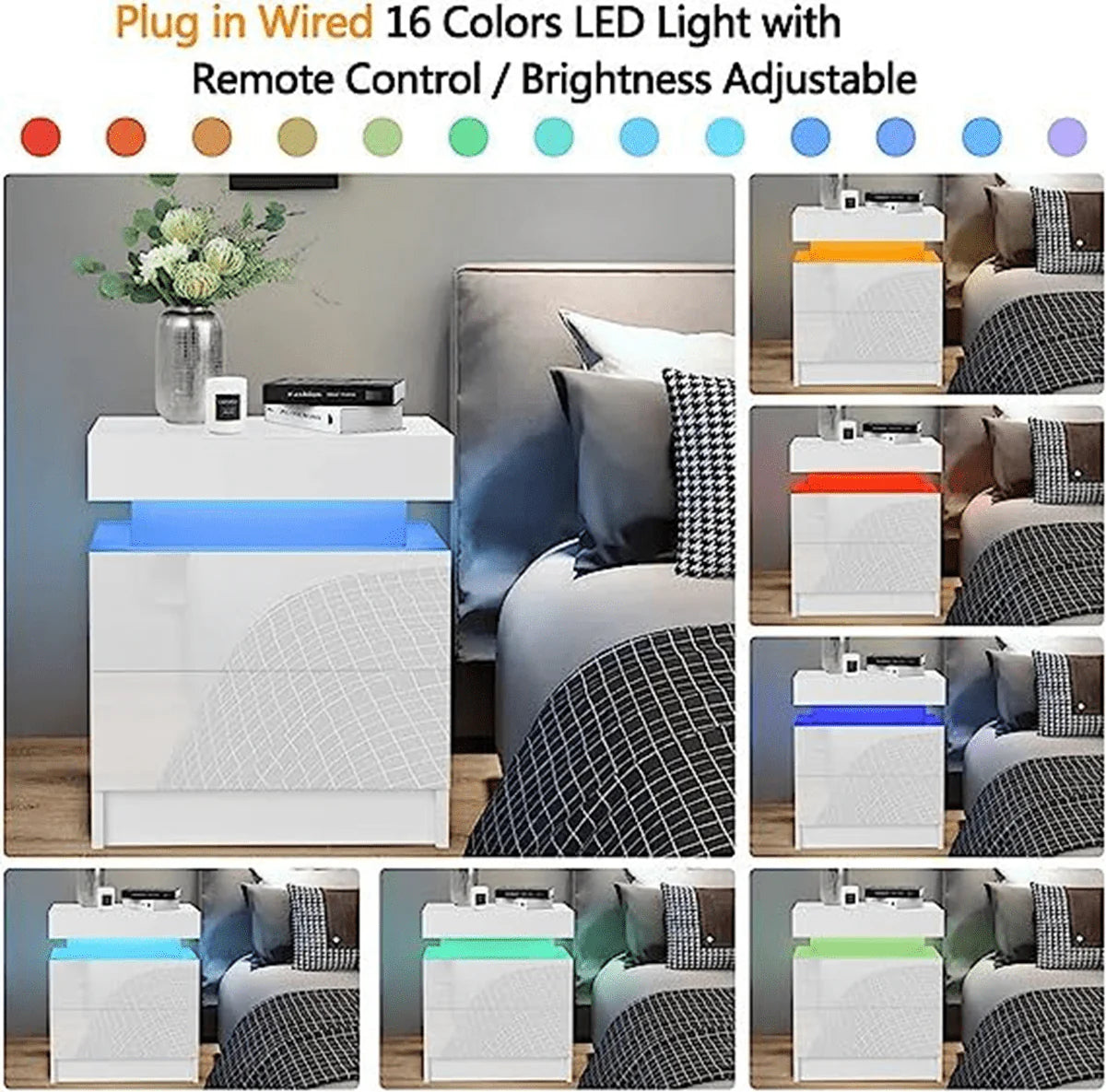 Hommpa Modern LED Nightstand with 2 Drawers High Gloss Led Light Bedside Table Storage White Night Table with Lights End Side Table with Drawer for Bedroom 20.5" Tall