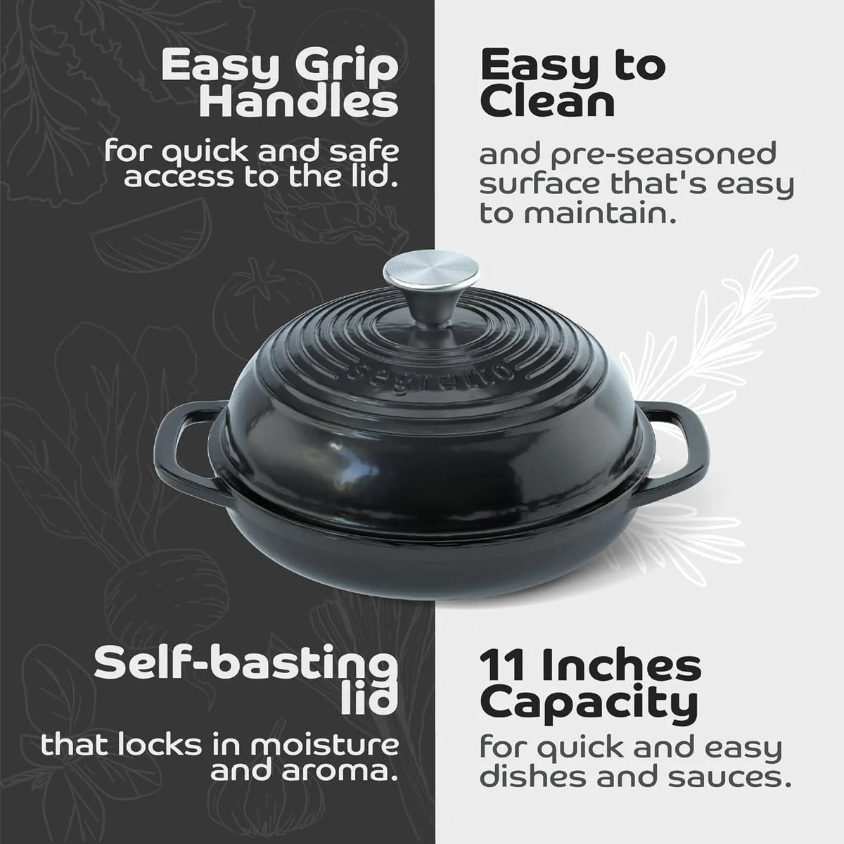 Segretto Cookware 11" Enameled Cast Iron Dutch Oven for Bread, Bread Maker Pan with Lid, Red