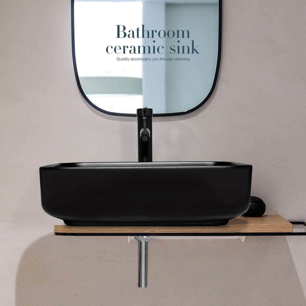 FULLWATT Bathroom Ceramic Sink Vanity Vessel Basin Porcelain Faucet Drain Combo Rectangle,White