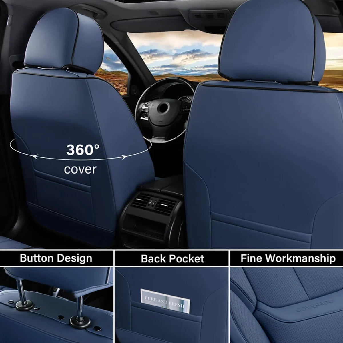 Coverado Black Front Car Seat Covers, Stylish Waterproof Premium Leather Automotive Seat Protectors, Airbag Compatible Auto Interior Accessories Universal Fit for Most Cars SUV Pick-up Trucks