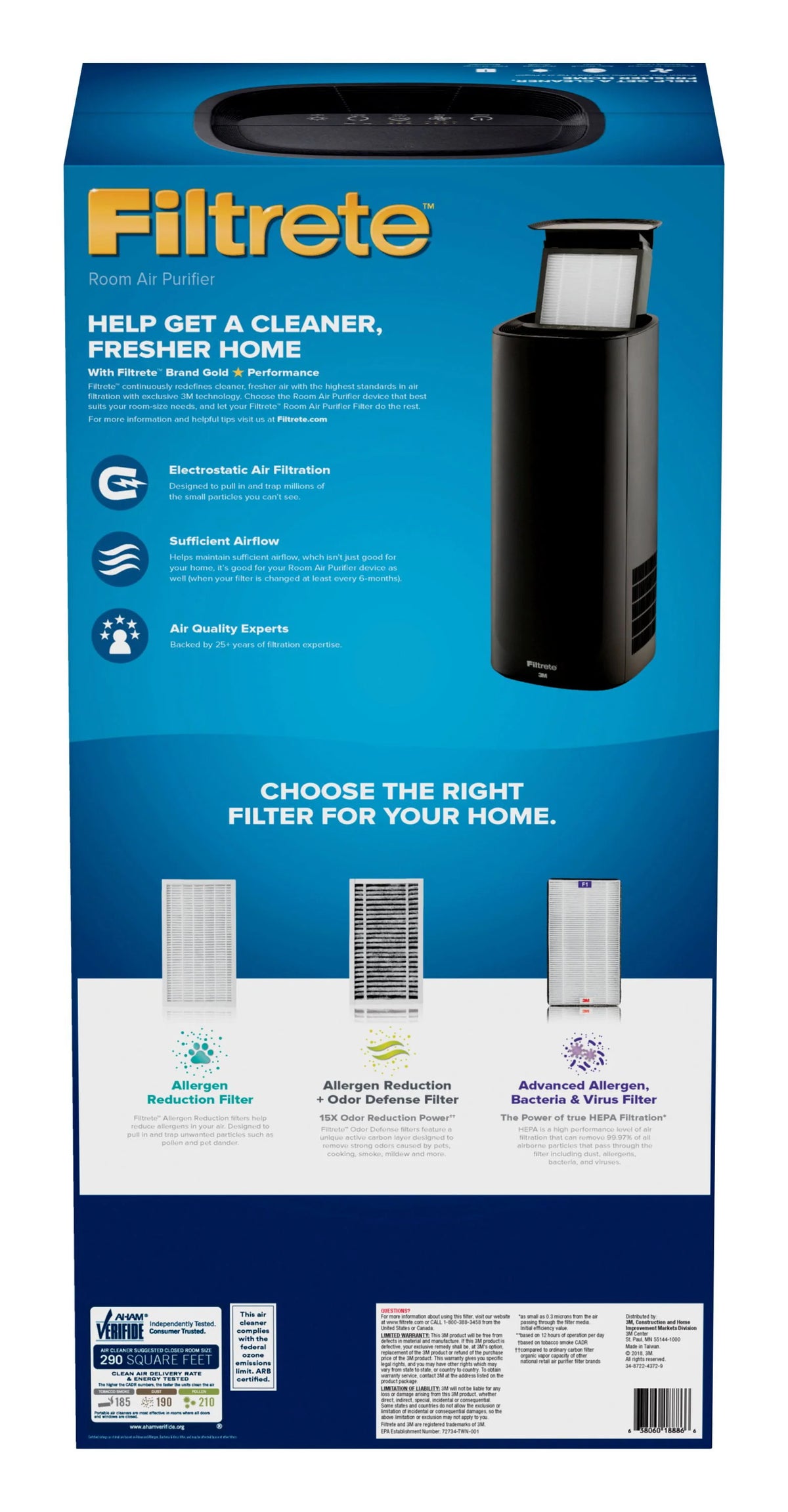 Filtrete by 3M Air Purifier, Large Room Tower, 290 Sq gt Coverage, Black, TRUE HEPA Filter Included