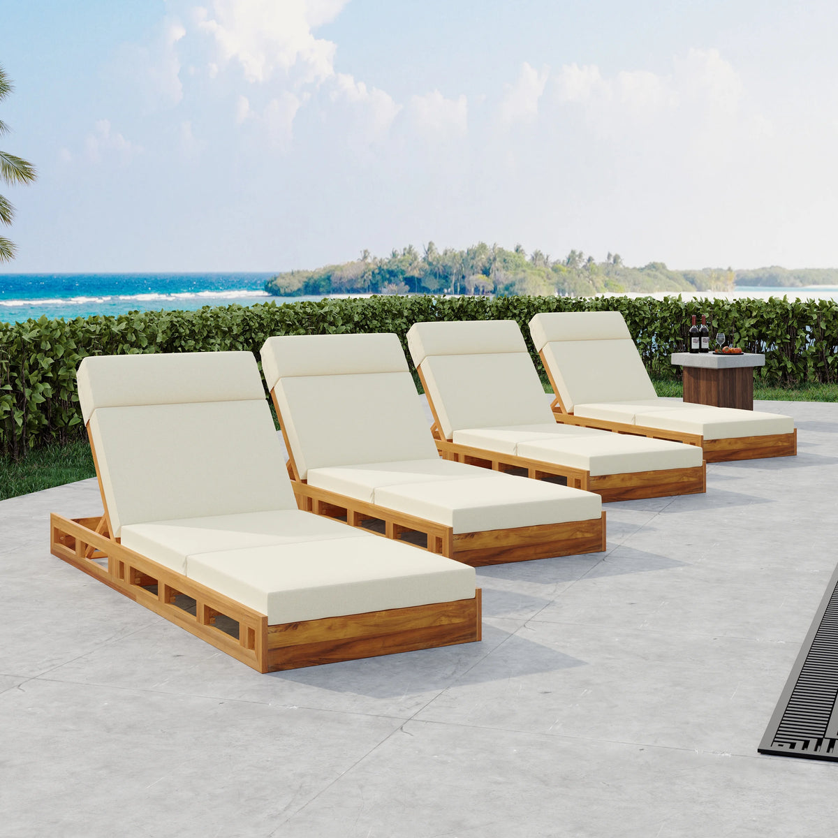 Patio Seating LOUNGE CHAISE SET, ACACIA WOOD WITH WATER-RESISTANT LOUNGE CUSHIONS (CREAM & 4 INCH THICK) - MATCHING DARK GREY VERSION AVAILABLE,Outdoor Seating