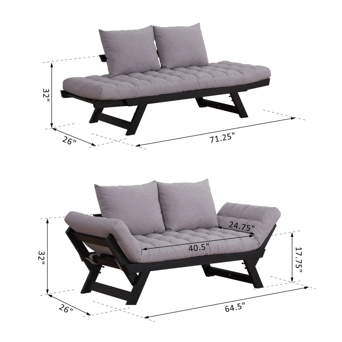 Homcom Single Person 3 Position Convertible Couch Chaise Lounger Sofa Bed, Light Grey