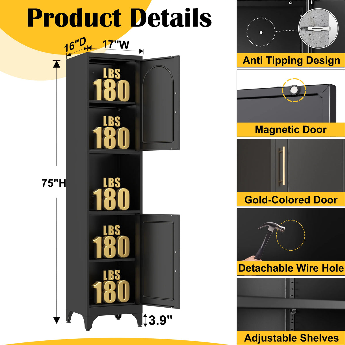 Polup 75" Tall Metal Homes Kitchen Storage Cabinets with Doors and Shelves, Modern Black