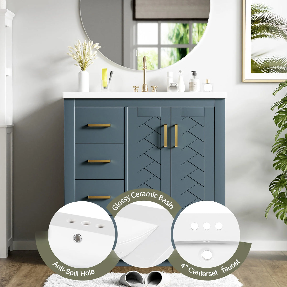 ENSHUI 30-Inch Bathroom Vanity with Ceramic Sink Combo, Solid Wood Frame, 4 Drawers, Soft Closing Doors, Green