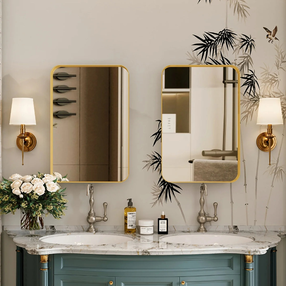 16x24 Inch Bathroom Mirror Cabinet with Adjustable Glass Shelves, Recessed Metal Framed Medicine Cabinet for Storage, Matte Gold