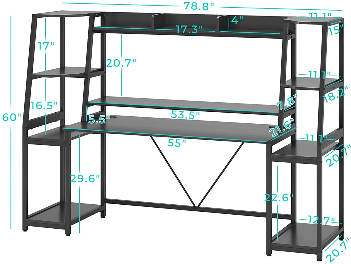 78.8 Inches Gaming Desk with LED Lights, Hutch and Storage Shelves, Ergonomic Computer Desk, Black